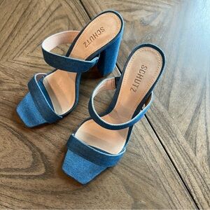 SCHUTZ Blue Denim Block Heel Sandals
